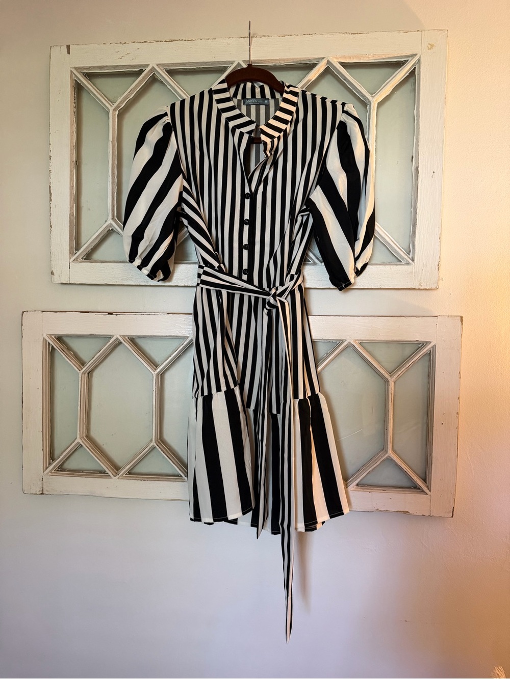 Black and White Striped Puff-Sleeve Mini Dress with Waist Tie
